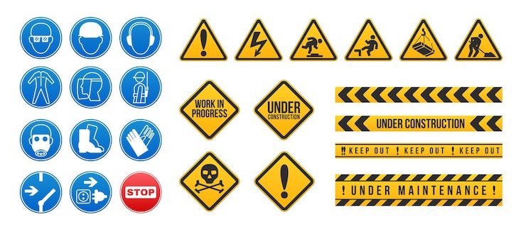 Vettore gratuito set realistico di nastri in costruzione e segnali di avvertimento illustrazione vettoriale isolata