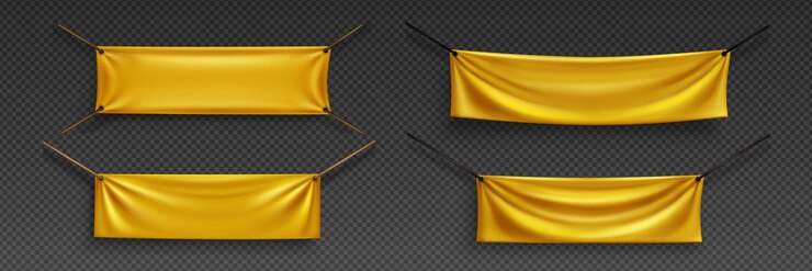 Vettore gratuito set realistico di striscioni in tessuto dorato appesi a corde isolate su sfondo trasparente illustrazione vettoriale di modelli di poster orizzontali su sfondo bianco di colore giallo per il testo