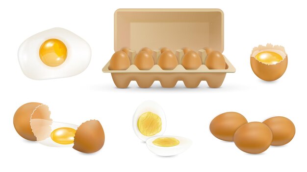 Set realistico di uova marroni con immagini isolate di uova strapazzate e rotte intere con illustrazione vettoriale da dieci confezioni