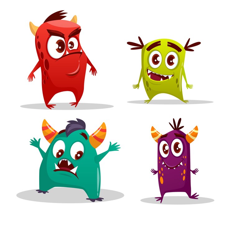 Vettore gratuito set simpatico cartone animato mostro. divertenti creature fantastiche con emozioni sorprese felici arrabbiate
