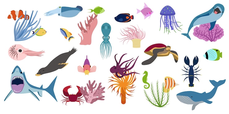 Vettore gratuito set subacqueo con immagini isolate in stile cartone animato piatto di pesci d'alto mare, tartarughe di crostacei e meduse, illustrazione vettoriale