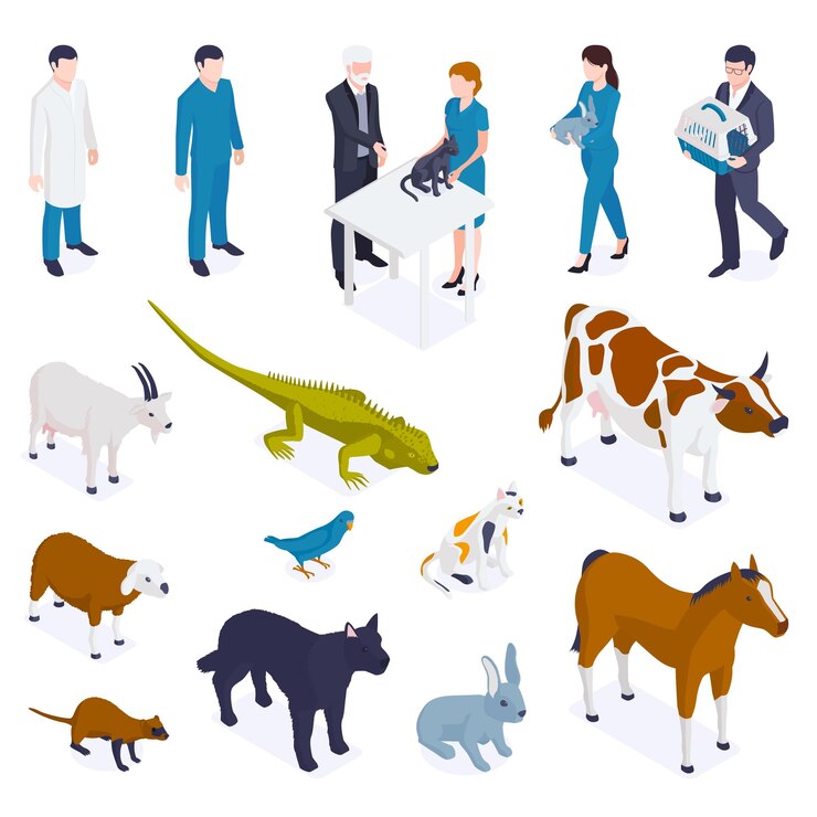Vettore gratuito set veterinario isometrico per animali da compagnia di icone isolate e personaggi di animali domestici selvatici e illustrazione vettoriale di persone