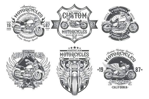 Set vettoriale badge vintage vintage, emblemi con una motocicletta personalizzata