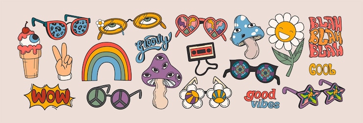 Vettore gratuito set vettoriale di adesivi hippie groovy in stile retro psichedelico trippy sorridente margherita fiore volare