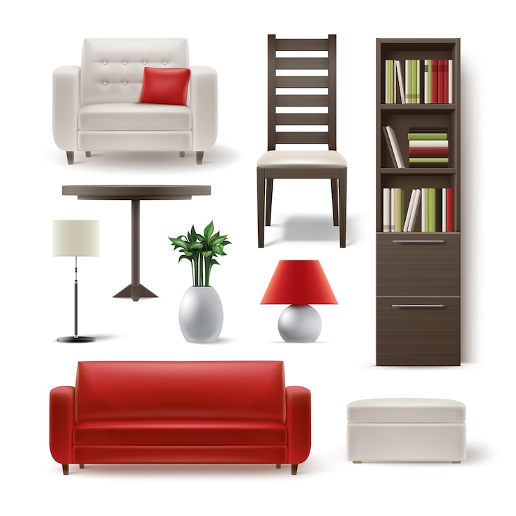 Vettore gratuito set vettoriale di mobili soggiorno libreria in legno marrone, sedia da pranzo, poltrona bianca, tavola rotonda, pianta, lampada da terra, pouf e divano rosso isolato su priorità bassa