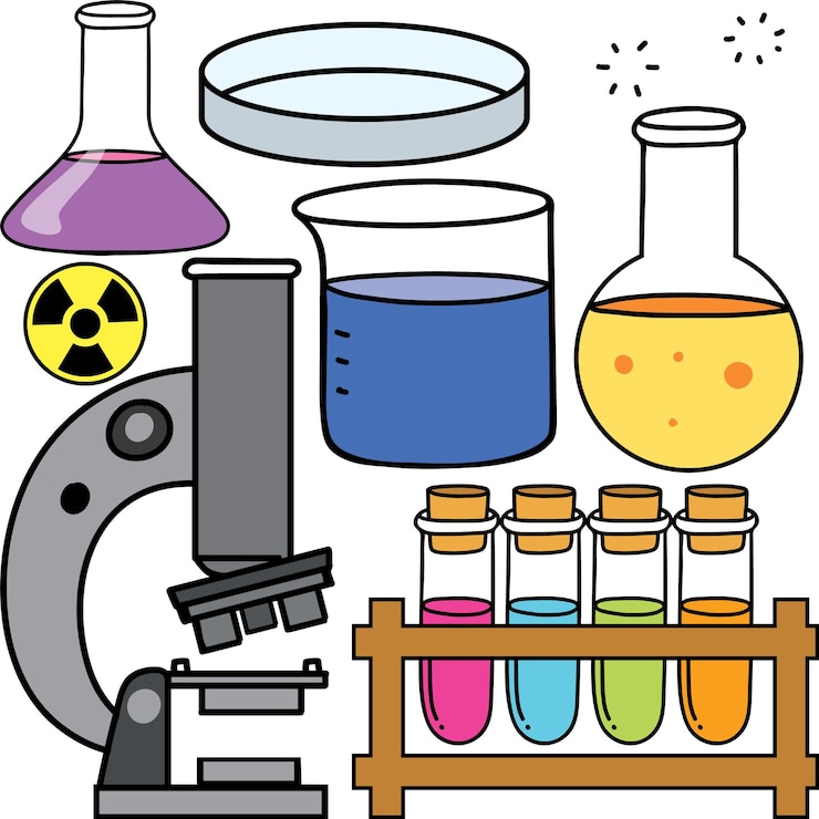 Vettore gratuito set vettoriale di oggetti scientifici colorati e icone