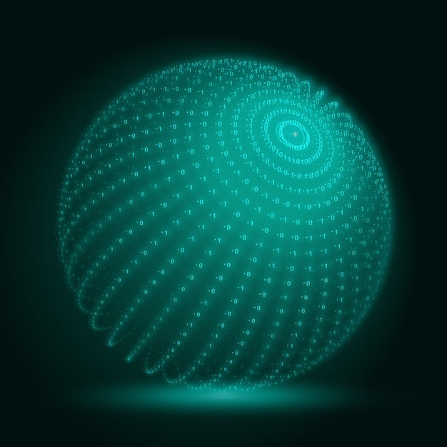 Sfera di big data verde con stringhe di numeri binari.