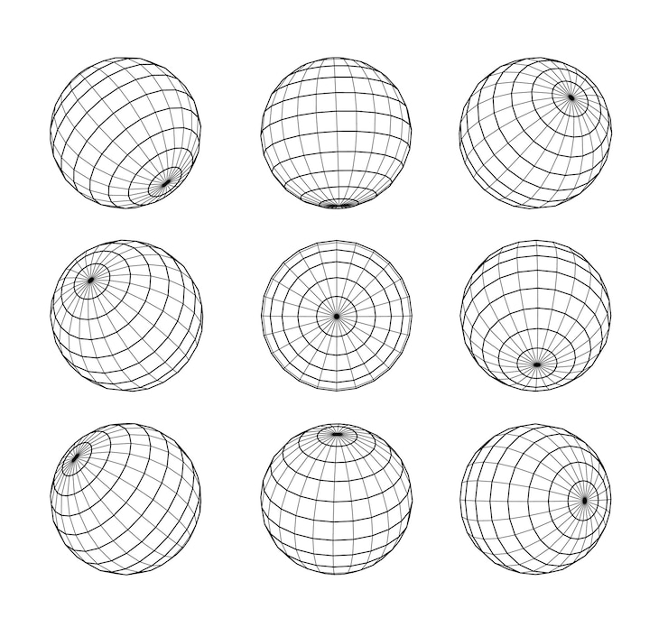 Vettore gratuito sfera wireframe in diverse posizioni globe grid set pianeta terra orb contorno vettoriale isolato