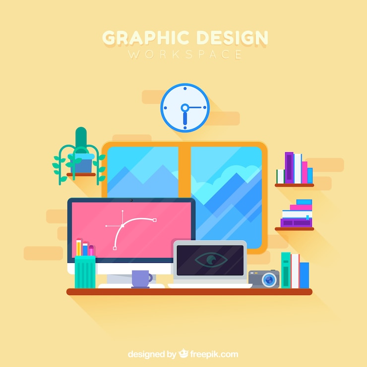 Vettore gratuito sfondio dello spazio di lavoro di progettazione grafica con scrivania e strumenti