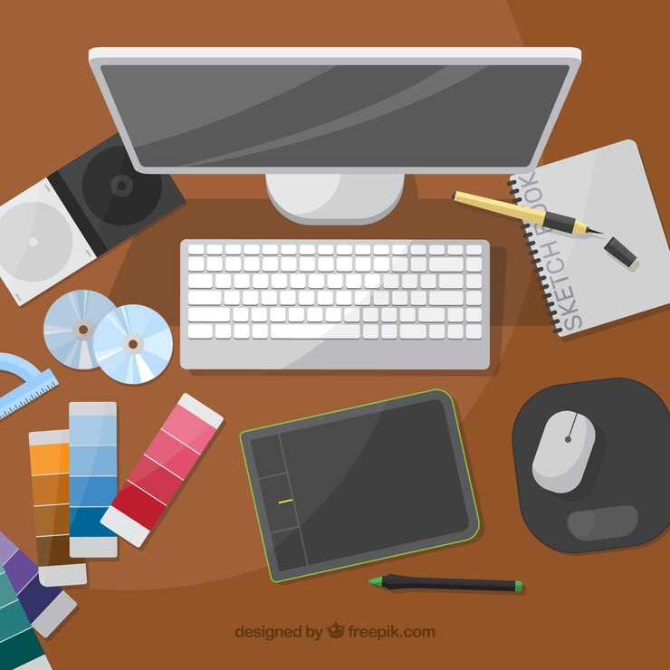 Vettore gratuito sfondio dello spazio di lavoro di progettazione grafica con scrivania e strumenti