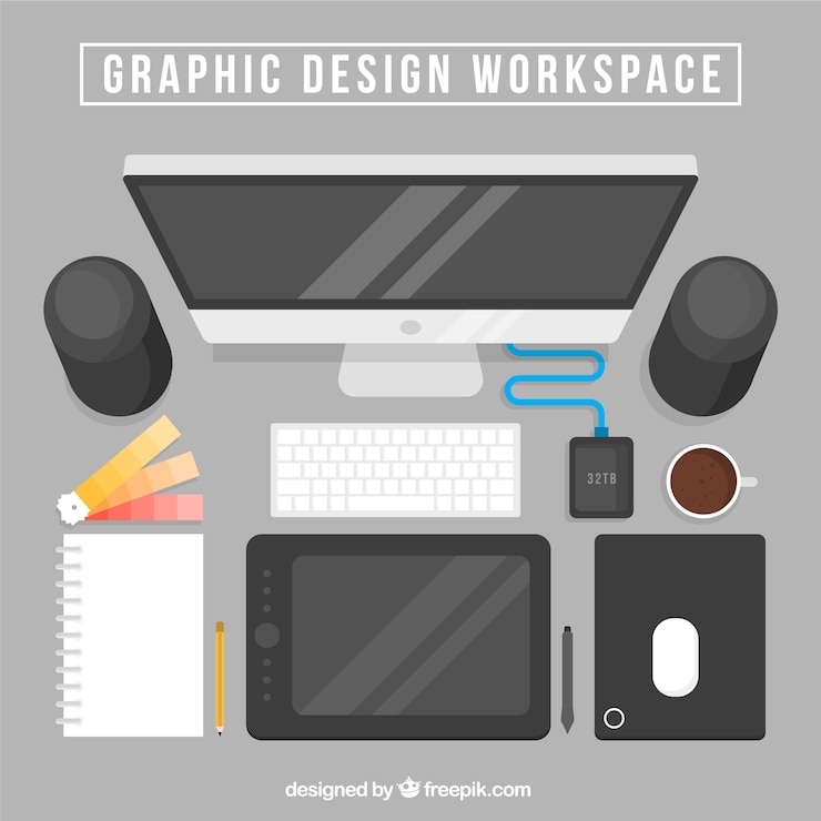 Vettore gratuito sfondio dello spazio di lavoro di progettazione grafica con scrivania e strumenti