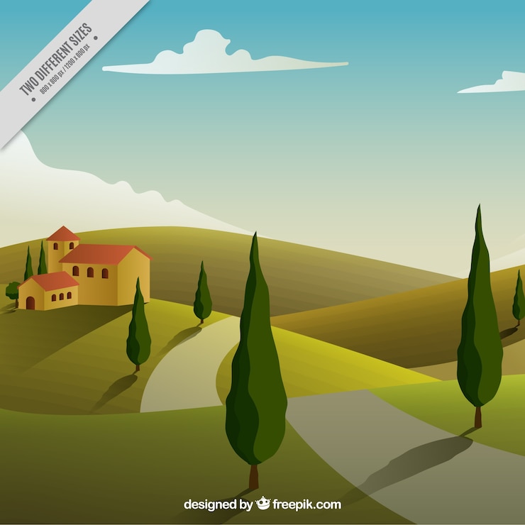 Vettore gratuito sfondio di una casa in campagna con un sentiero e degli alberi