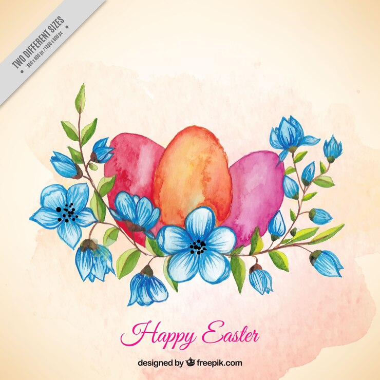 Vettore gratuito sfondo acquerello con uova di pasqua e fiori