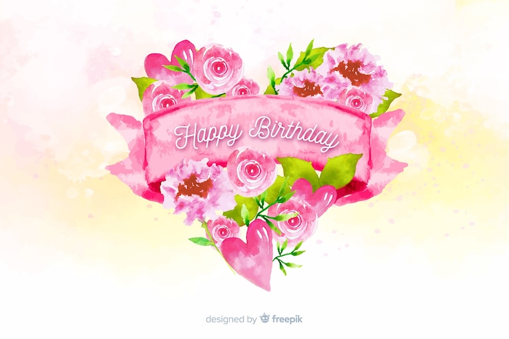 Vettore gratuito sfondo acquerello di buon compleanno con cuore di fiori
