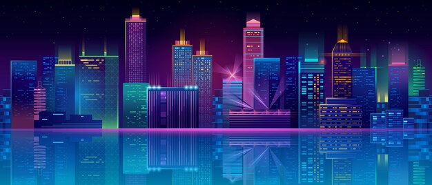 sfondo al neon megapolis con edifici, grattacieli