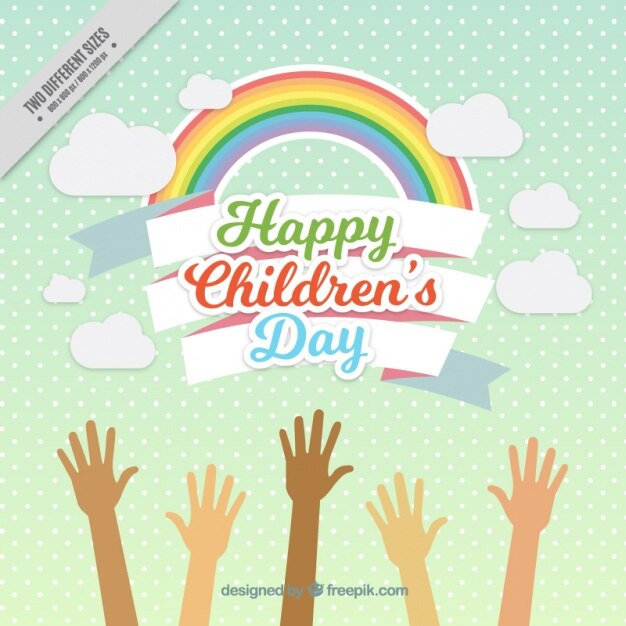 Vettore gratuito sfondo arcobaleno allegro con i bambini le mani alzate
