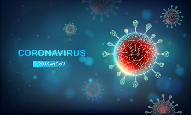 Sfondo astratto orizzontale covid-19. Romanzo Coronavirus (2019-nCoV) illustrazione vettoriale in tonalità blu