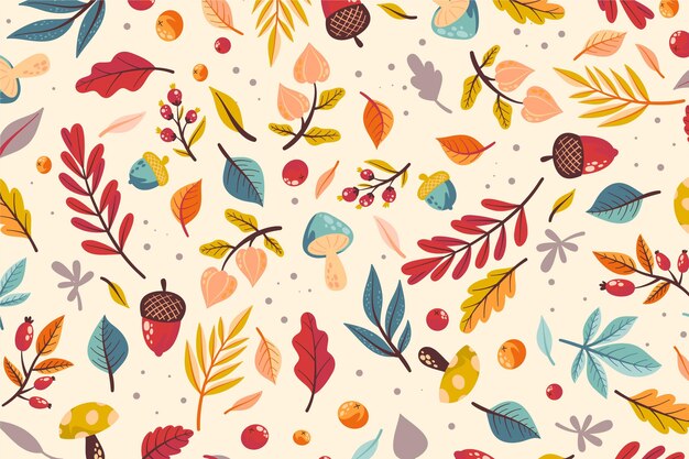 Sfondo autunno disegnato a mano con mix di foglie