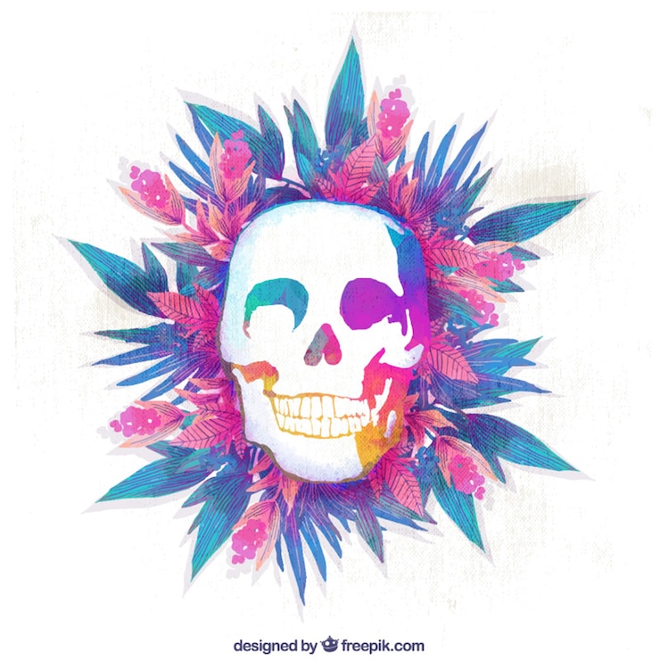 Vettore gratuito sfondo colorato con teschio e fiori in stile acquerello