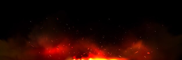 Sfondo con fuoco scintilla braci e fumo rosso Effetto di sovrapposizione dell'inferno della griglia del carbone bruciato o del falò con bagliore di fiamma volante arancione scintilla nebbia su sfondo nero illustrazione realistica di vettore