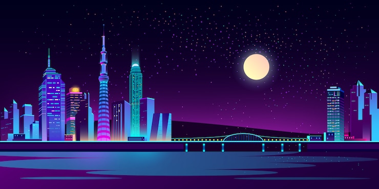 Vettore gratuito sfondo con la città di notte in luci al neon