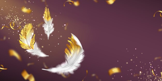Sfondo con piume bianche con glitter dorati, coriandoli e spazio vuoto. Manifesto di vettore con l'illustrazione realistica dell'uccello dorato o delle penne d'angelo, scintillii e nastri volanti