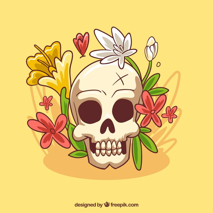 Vettore gratuito sfondo cranio giallo con i fiori