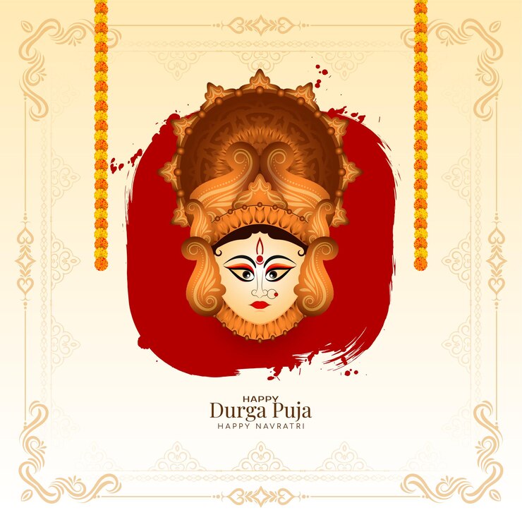 Vettore gratuito sfondo del festival religioso durga puja e happy navratri con design del viso della dea