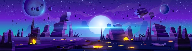 Sfondo del gioco dello spazio del paesaggio del pianeta notturno alieno