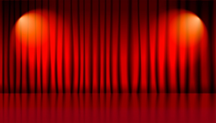Vettore gratuito sfondo del palcoscenico teatrale con tende e luci rosse