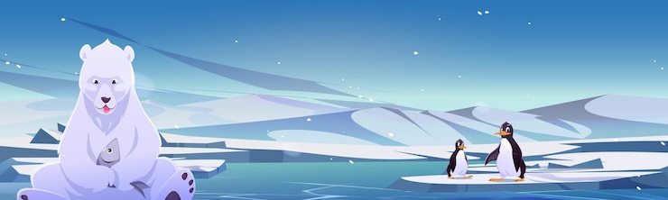 Vettore gratuito sfondo del polo nord con sfondo di orso polare e pinguino illustrazione invernale artica della scena di animali della fauna selvatica ambiente naturale all'aperto soleggiato e freddo del nord con lago ghiacciato per banner di gioco