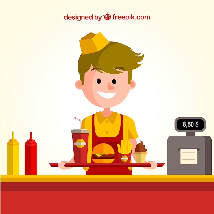 Vettore gratuito sfondo del ragazzo felice che lavora su un hamburger in disegno piatto