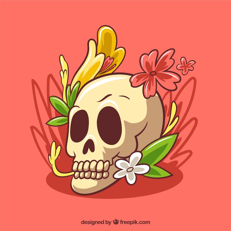 Vettore gratuito sfondo del teschio con fiori disegnati a mano