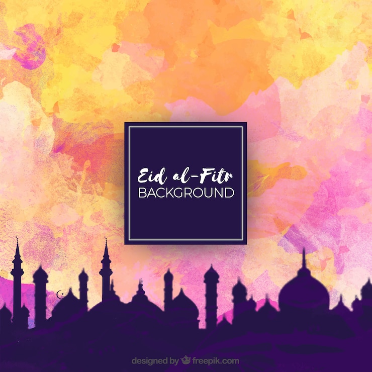 Vettore gratuito sfondo della città di eid al fitr paesaggio e acquerello cielo