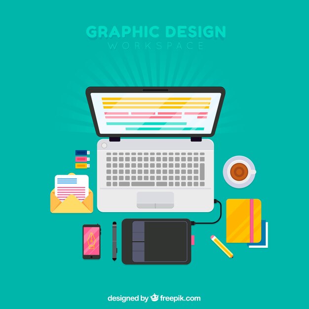Sfondo di area di lavoro di progettazione grafica con scrivania e strumenti