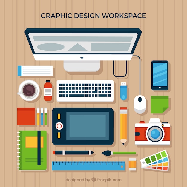 Sfondo di area di lavoro di progettazione grafica con scrivania e strumenti