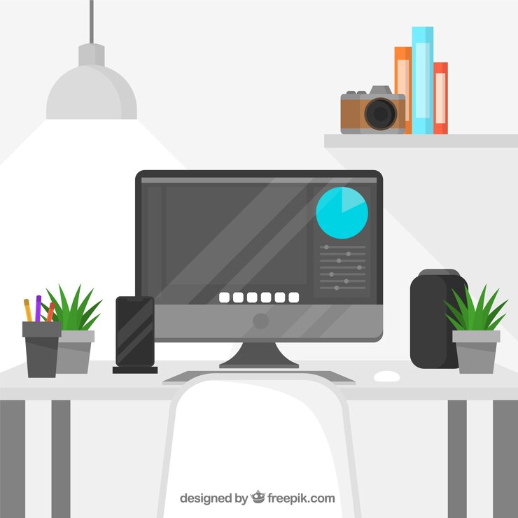 Vettore gratuito sfondo di area di lavoro di progettazione grafica con scrivania e strumenti