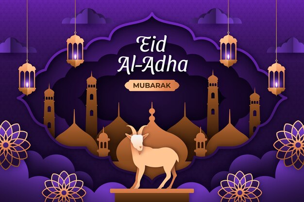 Sfondo di carta stile eid al-adha con capra e lanterne