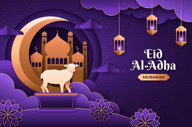 Sfondo di carta stile eid al-adha con pecore e lanterne