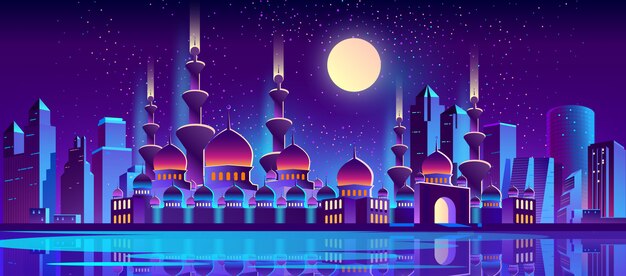 sfondo di città di notte con la moschea musulmana