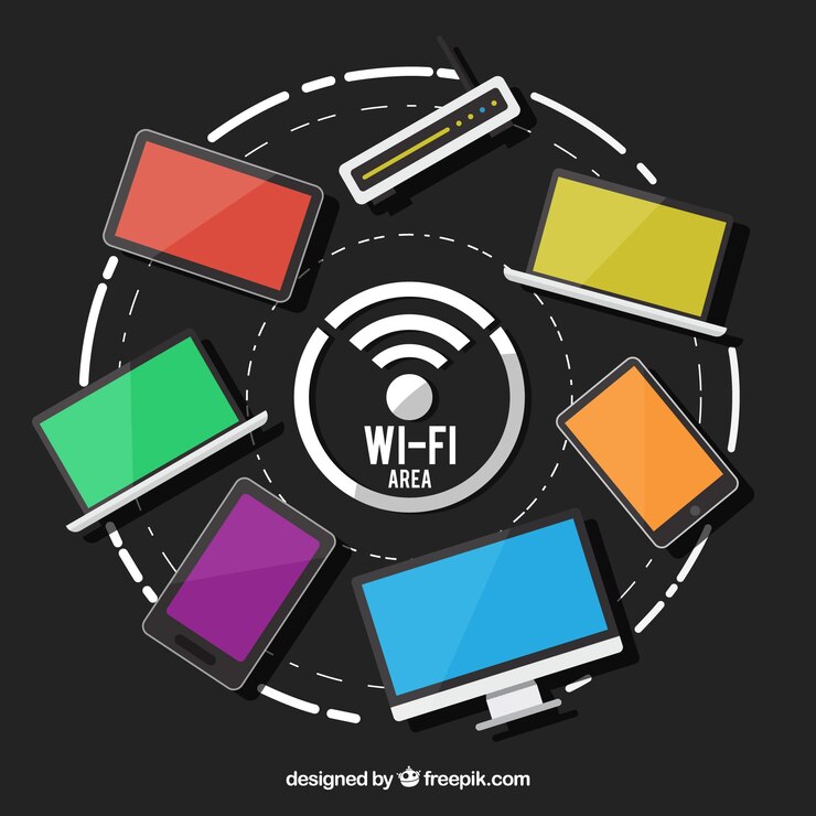 Vettore gratuito sfondo di dispositivi colorati con wifi