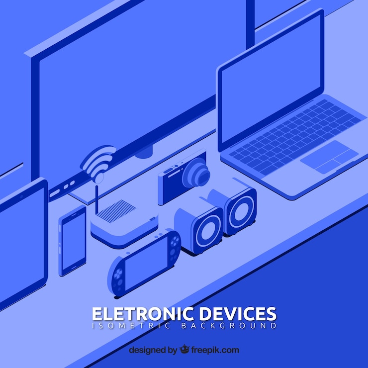 Vettore gratuito sfondo di dispositivi elettronici isometrici in tonalità blu