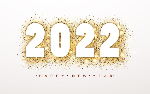 Sfondo di felice anno nuovo 2022 con numero di scintillio dorato. Progettazione di vacanze invernali di Natale. Cerchio di polvere vettoriale scintillante dorato con numeri.