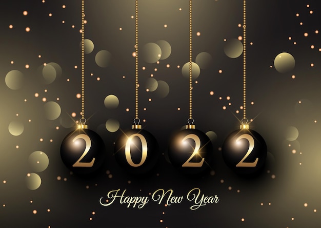 Sfondo di felice anno nuovo con palline appese su luci bokeh e design di stelle