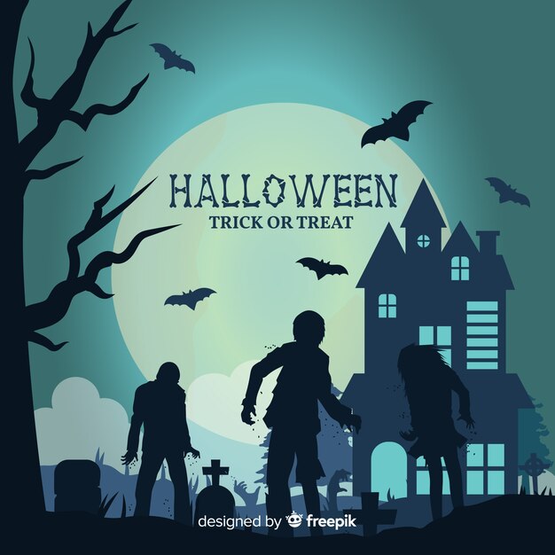 Sfondo di Halloween con casa e cimitero e zombie