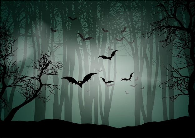 Sfondo di Halloween con paesaggio forestale nebbioso e pipistrelli