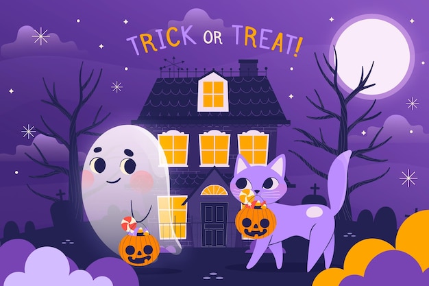 Sfondo di halloween felice disegnato a mano con fantasma e gatto
