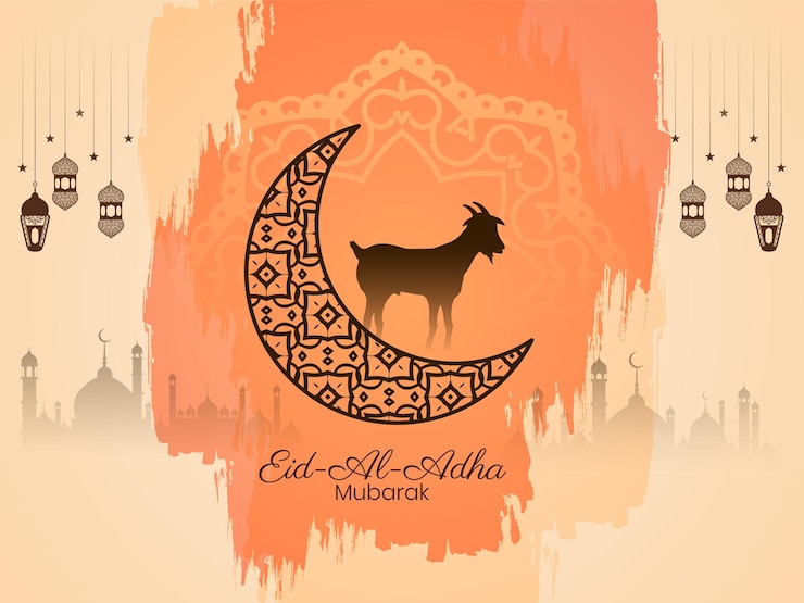 Vettore gratuito sfondo di luna crescente di eid al adha mubarak con capra