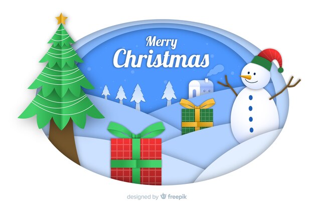 Sfondo di Natale in stile carta con albero di Natale e pupazzo di neve