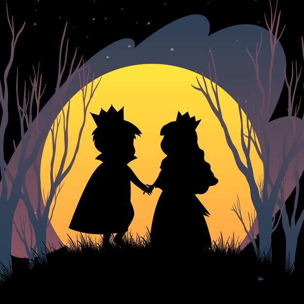 Sfondo di notte di Halloween con silhouette di principe e principessa